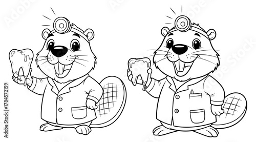 Cartoon beaver dentist holding a tooth funny animal doctor with head mirror and uniform