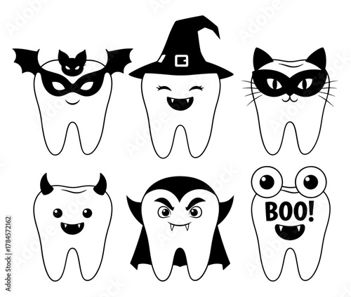 Cute halloween teeth in costumes for dental clinic and halloween party invitation card design