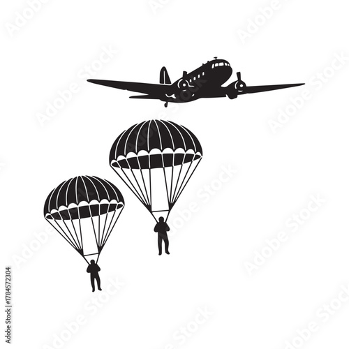 Silhouette of paratroopers jumping from a military transport airplane. Airborne soldiers with parachutes in the sky. Vector illustration for army, war, and skydiving concepts.
