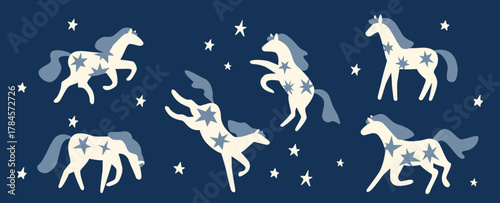 Set of cute white wild horses and stars on dark blue. Hand drawn flat vector illustration. 2026 Lunar New year design. Cool cowboy elements, kids poster, card, social media banner.