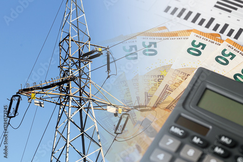 Wallpaper Mural Electricity pylon with calculator and euro bills symbolizing rising energy costs. Concept of energy crisis, power price increase, and household budget expenses. Torontodigital.ca