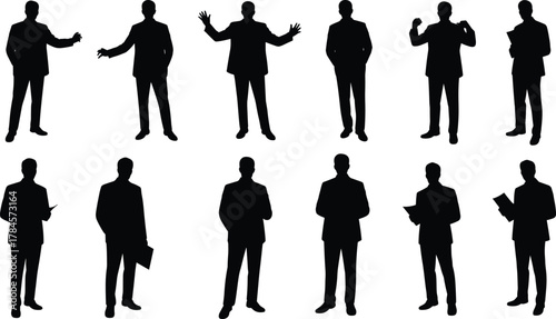 Business silhouette set, professional gesture icons, formal attire poses, communication and presentation stance, cad drawing flat vector illustration, design