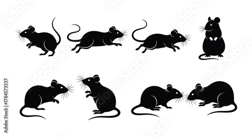 Various silhouettes of mice in different poses and actions