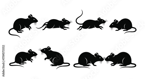 Various silhouettes of mice in different poses and actions