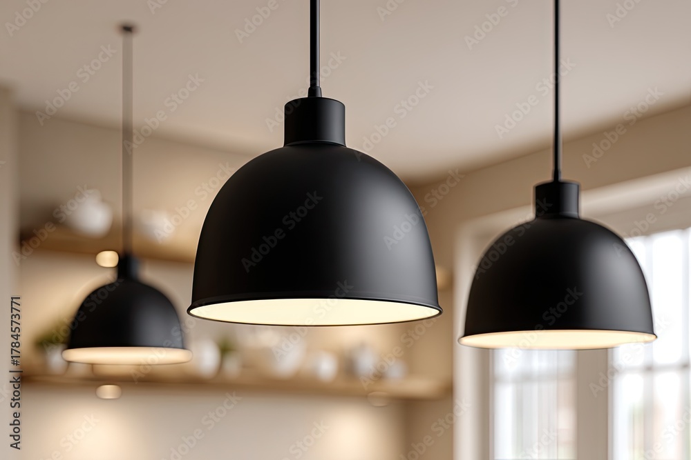 Obraz premium Three matte black pendant lights hang in a kitchen, casting warm light