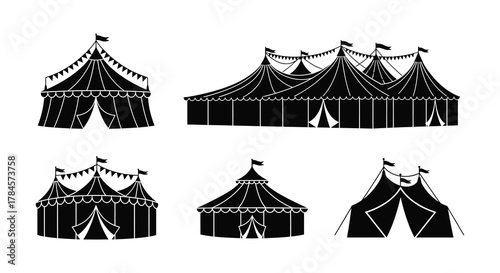 Circus tents in various shapes and sizes arranged neatly