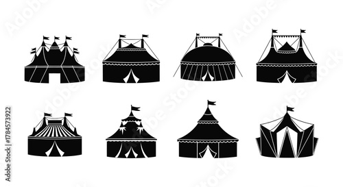 Circus tents in various shapes and sizes arranged neatly