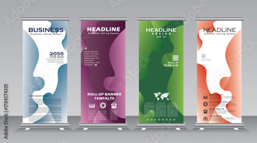 Abstract roll up banner design tempalte set for business events, annual conferance, welcome, presentations, marketing, promotions, with green, red, blue and purple color, print ready vetical banner.