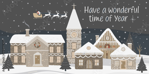 Charming snowy village scene with santa claus flying in his sleigh above the rooftops during winter holidays