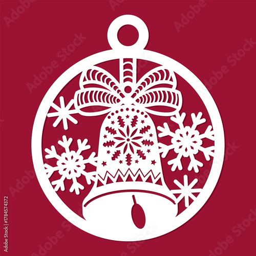 Christmas tree ball with bells, ribbon, and snowflakes. Laser cutting template for paper, wood, and metal. Suitable for designing New Year's and Christmas tree baubles, interior decorations, stencils,