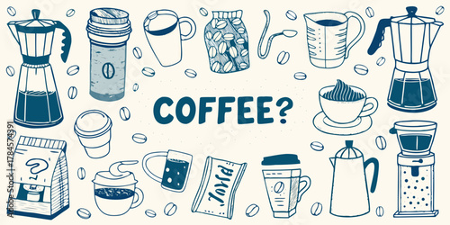 Hand drawn collection of coffee related items and the word coffee with a question mark