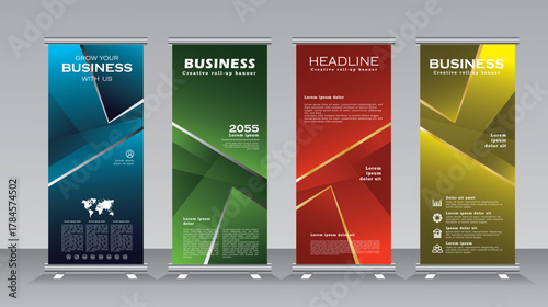 Roll up banner design display template with silver and gold line, verticl banner design with blue, green, red and yellow, Roll up banner for business, conferance, event, party, fourm, campus, uni,