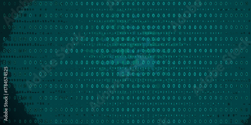 Abstract digital background with glowing binary code and grunge texture in teal and dark green hues