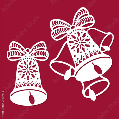 A set of openwork Christmas bells. Laser cutting template for paper, wood, and metal. Suitable for the design of Christmas and New Year's tree baubles, interior decorations, stencils, scrapbooking, et