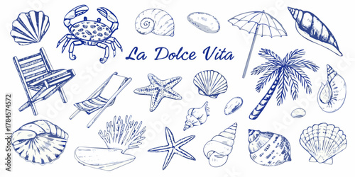 Charming hand drawn beach elements and italian phrase la dolce vita in blue ink