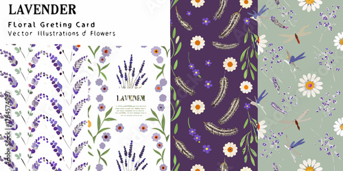 Collection of lavender floral greeting card vector illustrations and seamless patterns with daisies and dragonflies