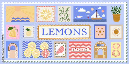 A charming collection of illustrated vignettes featuring lemons citrus fruits and nautical themes arranged in a decorative border