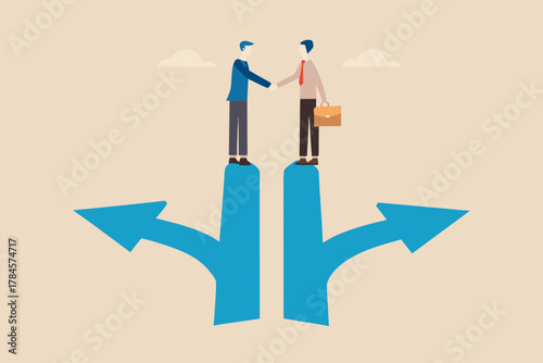 Two businessmen shake hands on diverging paths representing a crucial decision or partnership agreement