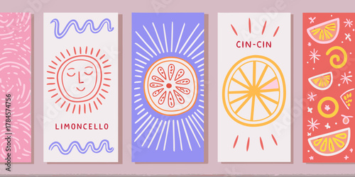 Collection of cheerful hand drawn illustrations featuring citrus fruits sun motifs and playful patterns in vibrant colors