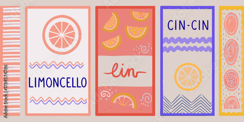 Collection of colorful illustrated labels featuring citrus fruits and italian phrases for drinks
