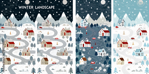 Charming winter village scene with snowy mountains and winding roads
