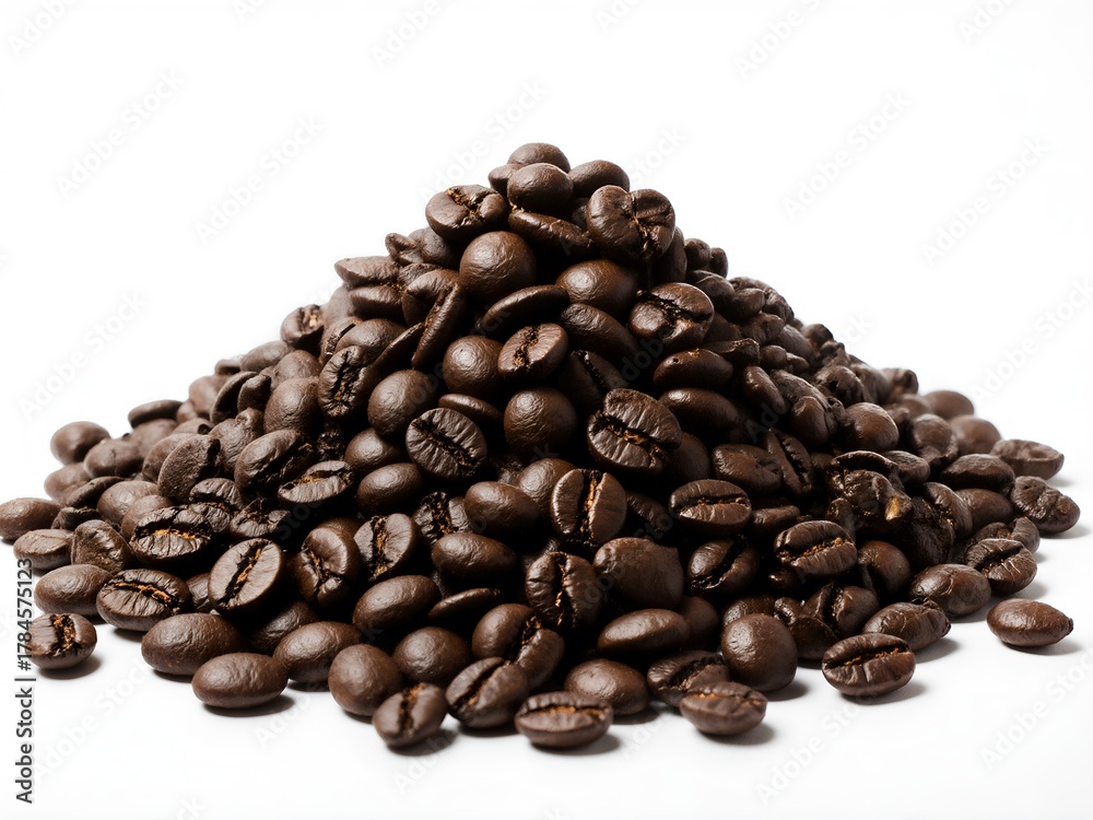 Obraz premium A high-resolution studio photograph of a large, perfectly conical pile of freshly roasted dark espresso coffee beans.
