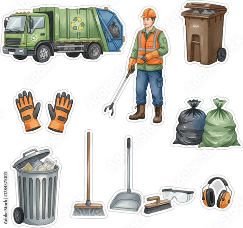 Watercolor City Sanitation and Garbage Collection Worker Gear