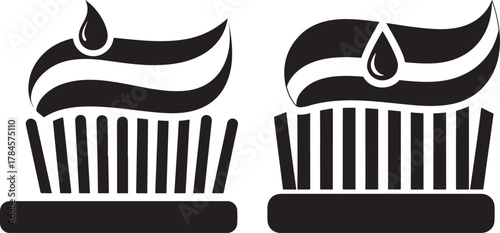 Two stylized cupcake silhouettes with swirling frosting and dripping topping silhouette