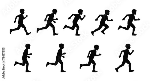 A sequence showing various stages of a runner s stride captured in silhouette