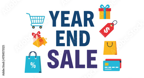 Year end sale vector illustration banner design with a collection of shopping and retail icons for marketing promotion
