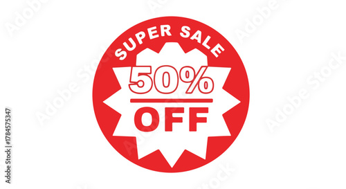 Eye-catching Super Sale 50 Percent Off Discount Badge Illustration for Business Promotion and Special Offers