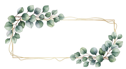 Elegant watercolor eucalyptus border with golden geometric frame