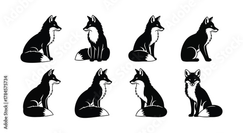 A collection of black and white fox illustrations in various poses