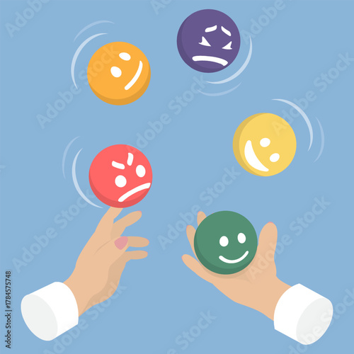 Women's hands juggle smiley balls. Emotional, feeling control, logical thinking, self control, balance mood. Flat isometric vector illustration.