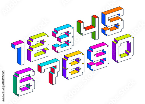 Child constructor colorful minimal 3D square vector numbers, dimensional cubic numerals and numbers alphabet in toy style, easy and fun to learn mathematics.