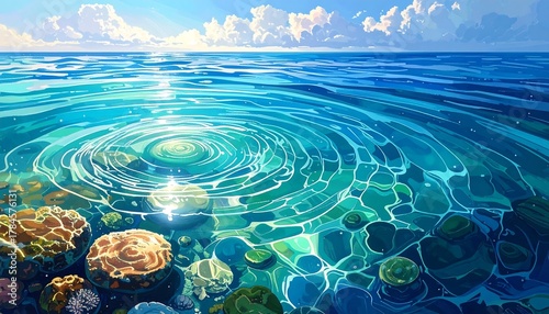 Stunning artistic illustration of the ocean's surface with ripples and coral