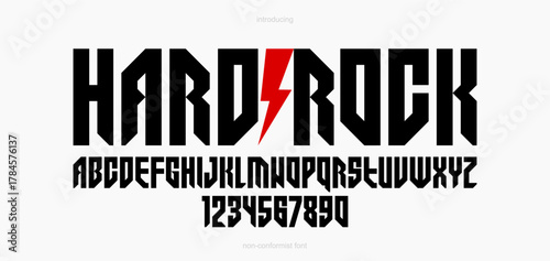 Bold and massive heavy geometric font for logo creation, modern geometrical vector display typeface, typography with no round elements, only corners and straight lines geometry.