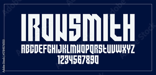 Urban massive geometric font for logos and emblems, minimal strong vector typeface, typography with no round elements, only corners and straight lines geometry.