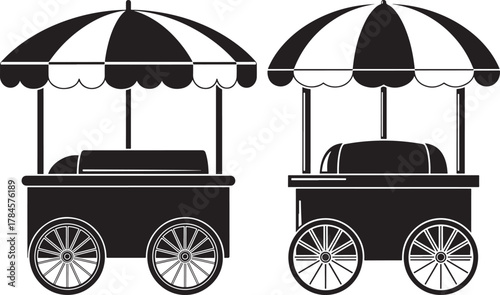 Two vintage food carts with striped umbrellas silhouette