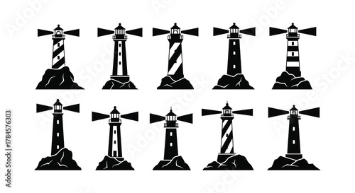 Various lighthouses stand tall against the sky each with unique designs