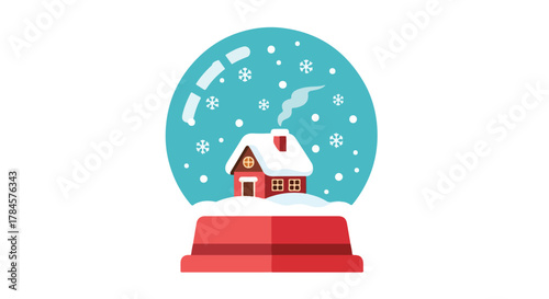 Charming Christmas snow globe vector illustration with a cozy red house under falling snow, a classic winter holiday souvenir