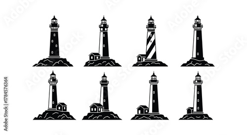 Various lighthouses stand tall against the sky each with unique designs