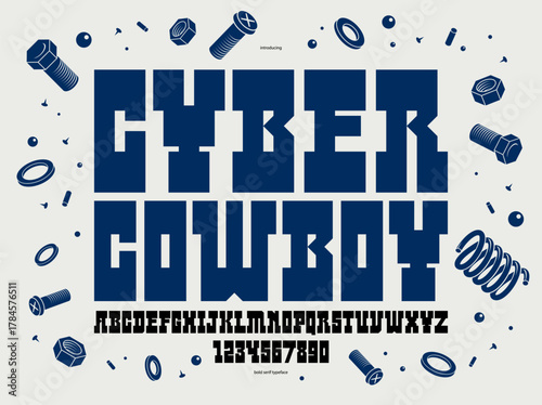 Wild west space future style bold display font for logos and emblems, vector futuristic geometric modern typeface for posters and headers, western and technology styles mixed.