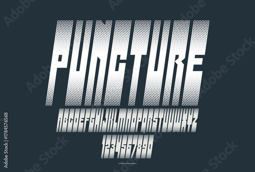 Halftone dotted futuristic cyberpunk font for logos and posters, vector brutal industrial typeface alphabet letters and numbers, urban technic future typography, italic version.