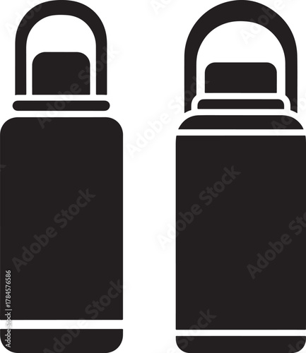 Two identical black thermos bottles with handles presented in silhouette