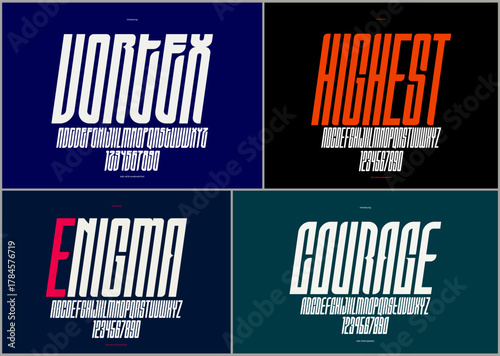 Tall geometric vector fonts set, bold and massive condensed alphabet typefaces, strong and heavy typeset collection, useful for logo creation, urban letters set.