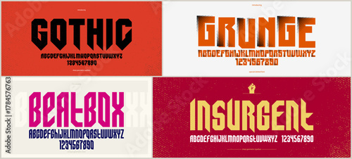 Gothic fonts vector set, vintage sharp cornered geometric typeface collection, strong and heavy alphabet typeset designs, easy to use for logo creation or titles.