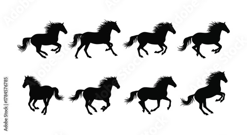 A series of black horse silhouettes galloping dynamically across white background