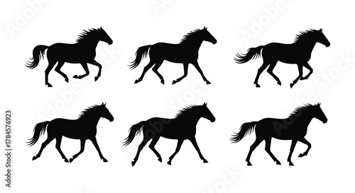 A series of black horse silhouettes galloping dynamically across white background
