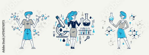 Scientist discovering science theory and making experiments vector outline illustration set, theoretical science research or invention, education learning university.